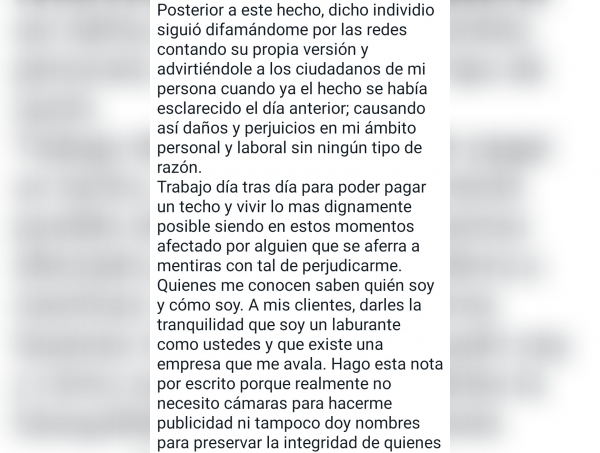 Con un mensaje, el hombre denunciado por un comerciante de La Falda quiso aclarar la situaci&oacute;n: "se har&aacute; cargo la Justicia"