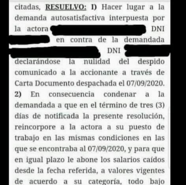 La Falda: la despidieron estando embarazada y la Justicia orden&oacute; su restituci&oacute;n